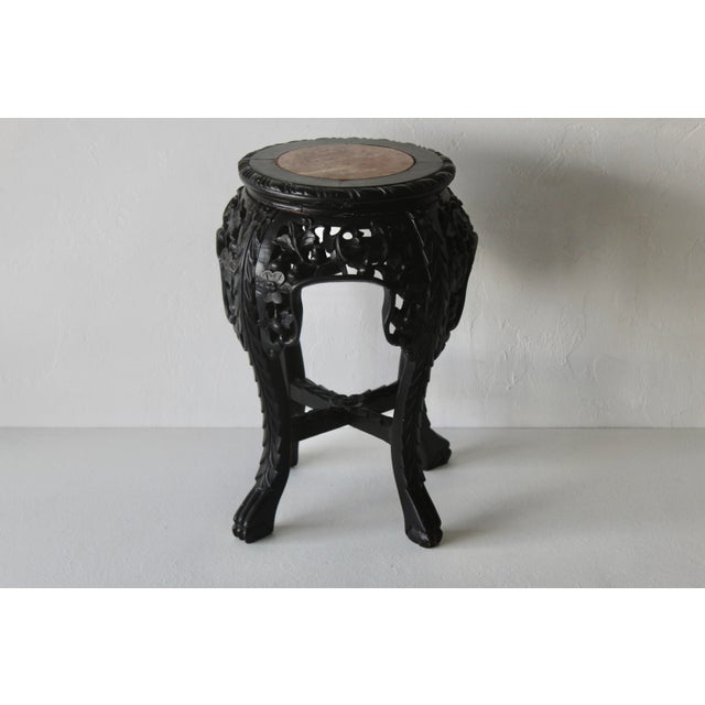 Asian Carved Rosewood Style Wood Stool Plant Stand With Inset Marble Top Vintage Mid-Century For Sale In Miami - Image 6 of 17