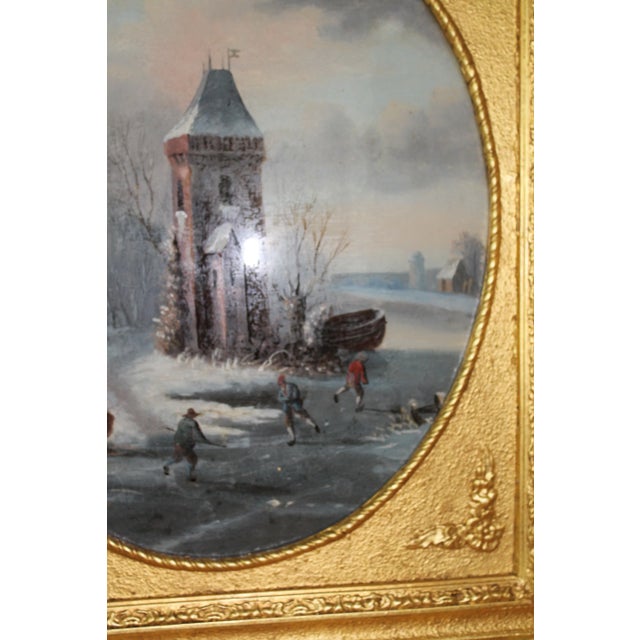 18th-Century Dutch Églomisé Painting – Reverse Glass Art With Gilding | 21x24 Inches | Framed – Winter Landscape – 21"x24" – Ornate Gilded Frame For Sale - Image 6 of 9