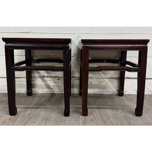 This is a gorgeous pair of vintage Hong Kong blackwood Ming style end tables or side tables. Feature clean Ming-style...