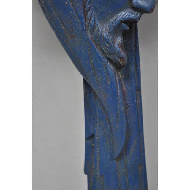 Plastic Vintage Religious Jesus Sculpted Resin Blue Mid Century Wall Crucifix Cross For Sale - Image 7 of 14
