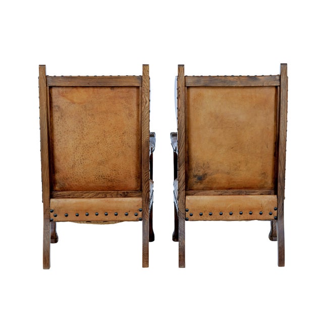Carved Oak and Leather Armchairs, 1890, Set of 2 For Sale - Image 6 of 10