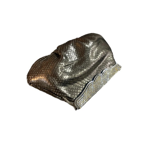 Contemporary 1980s Varon Pewter Snakeskin Clutch With Swarovski Crystal Frame For Sale - Image 3 of 11