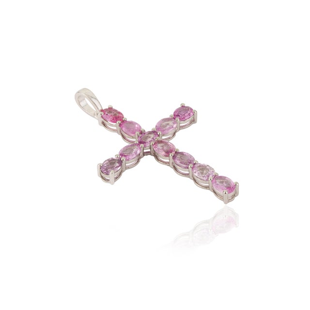 Contemporary Religious Cross Pendant With 2.05ct Pink Sapphire Accents in 14k White Gold For Sale - Image 3 of 13