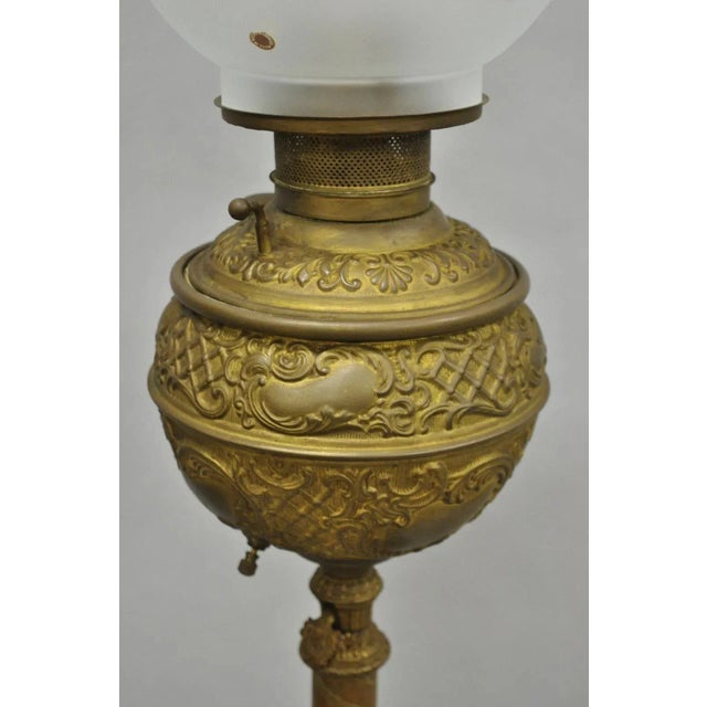 Late 19th Century Antique Victorian Ornate Brass Converted Oil Lamp Piano Parlor Table Floor Lamp For Sale - Image 5 of 16