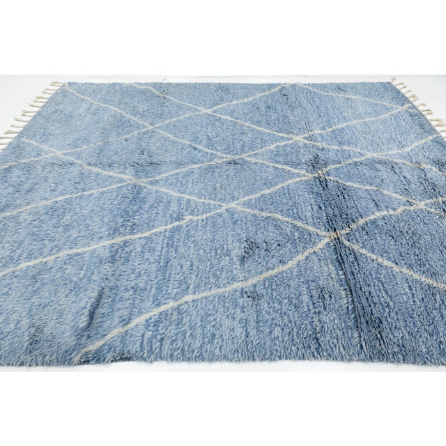 Handmade Moroccan Style Wool Rug With Soft Lattice Geometric in Denim Blue 8x10 For Sale - Image 4 of 12