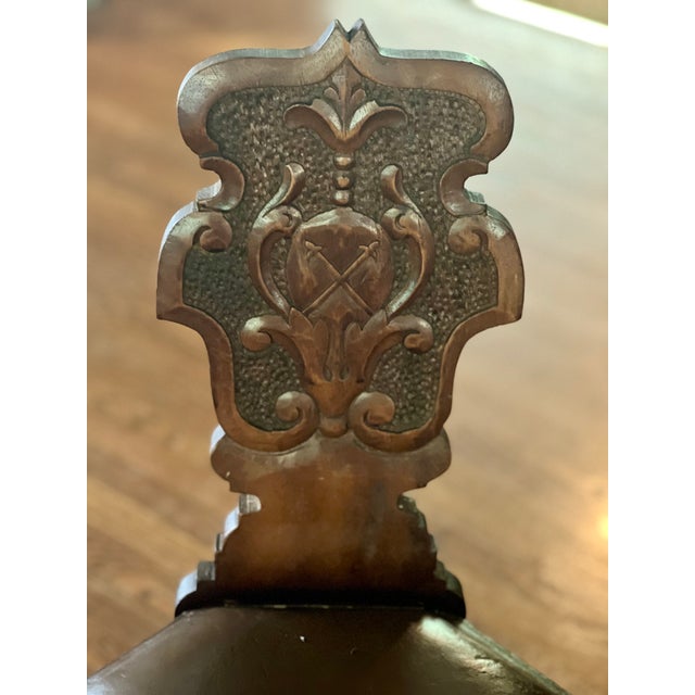 Mid 20th Century Spanish Renaissance Revival Carved Walnut Sgabello Hall Chair With Leather Seat For Sale - Image 9 of 11