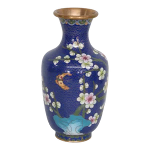 Cloisonne Brass and Enamel Cobalt Blue Flowering Tree Vase