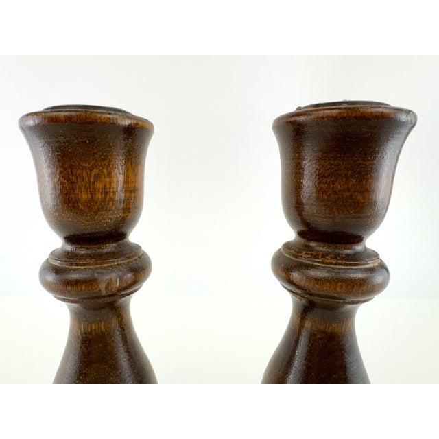 Wood Vintage Mid Century Turned Walnut Wood Candlesticks - A Pair For Sale - Image 7 of 9