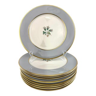 1970s Flintridge China Gray & Gold Rim Dinner Plates With Floral Center - Set of 10 For Sale