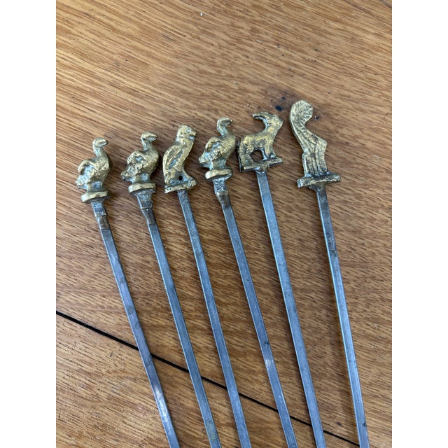 Vintage Brass and Metal Skewers With Brass Animal Finials - 6 pcs For Sale - Image 4 of 4