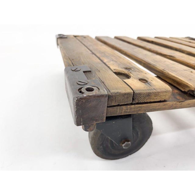 Vintage Industrial Iron & Wood Coffee Table on Wheels, 1950s For Sale - Image 4 of 11