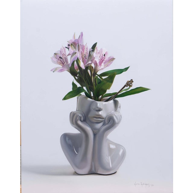 The Bee and Mother Nature by Karina Rodríguez | Oil on panel Still life of pink flowers in a vase For Sale - Image 4 of 5