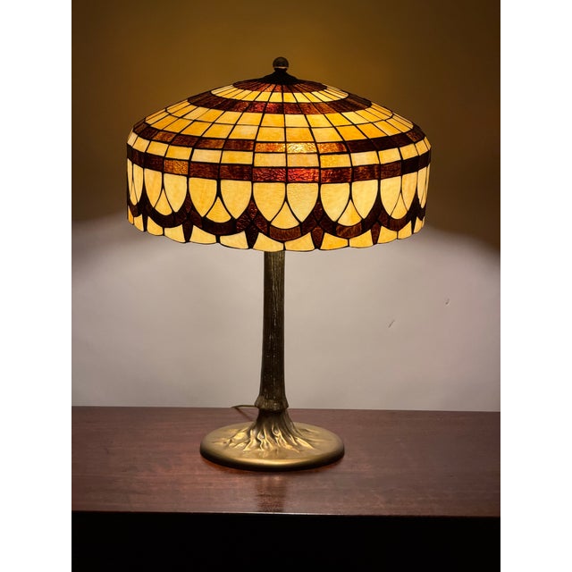 Vintage Tiffany Revival Leaded Stained Glass Table Lamp With Cast Brass Tree-Form Base For Sale - Image 12 of 12