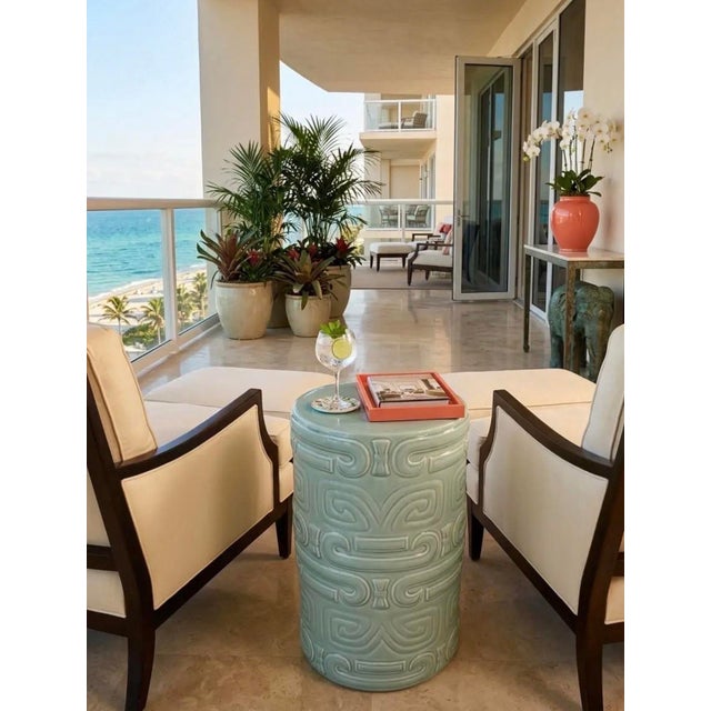 Turquoise Vintage Italian Turquoise Ceramic Cylindrical Accent Stool or Side Table For Sale - Image 8 of 11