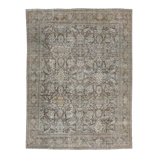Antique Mahal Hand-Knotted Wool Rug in Neutral Mocha, Espresso, & Ice Blue For Sale
