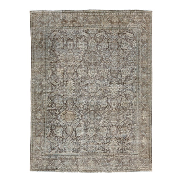Antique Mahal Hand-Knotted Wool Rug in Neutral Mocha, Espresso, & Ice Blue For Sale