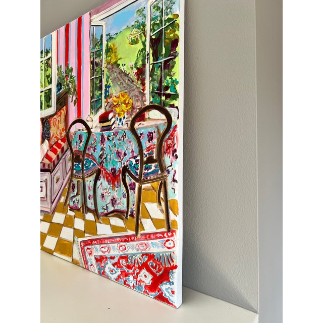 Large format interior with a colorful palette. I painted this on gallery wrapped stretched canvas. Hanging wire will be...