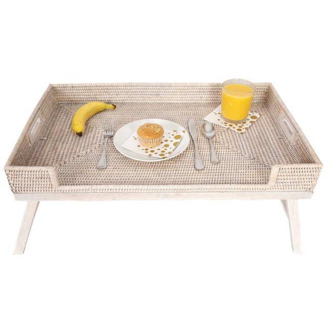 Artifacts Rattan Breakfast Tray Table in White Wash For Sale In Houston - Image 6 of 9