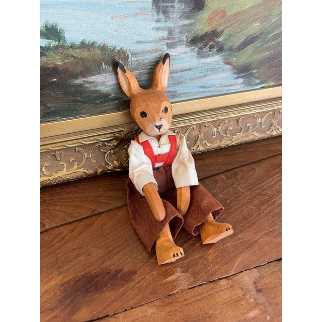 Folk Art Vintage Hand-Carved Wooden Rabbit Doll With Articulated Limbs and Handmade Clothing. For Sale - Image 3 of 10