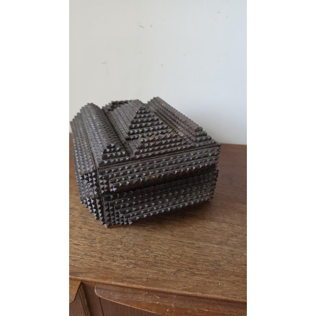 Wood Antique Tramp Art Box, Hand Carved Wooden Keepsake Box, Chip Carved Folk Art Jewelry Box, Primitive Storage Casket, Black Forest Style Decor For Sale - Image 7 of 12