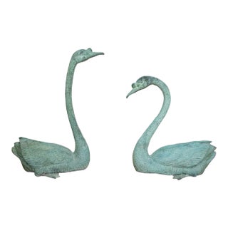 Vintage 1980s Bronze Garden Patio Swan Statues - Set of 2 For Sale