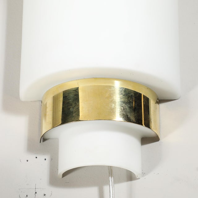 Pair of Mid-Century Modernist Minimal Frosted Glass & Brass Sconces For Sale - Image 12 of 13