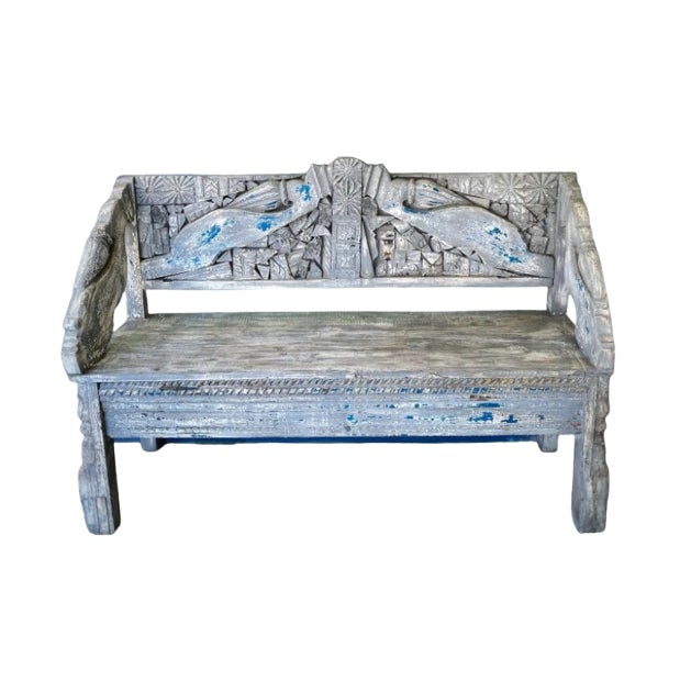 Vintage Balinese Hand-Carved Teak Peacock Bench With Original Polychrome Paint | Indonesian Folk Art Settee For Sale