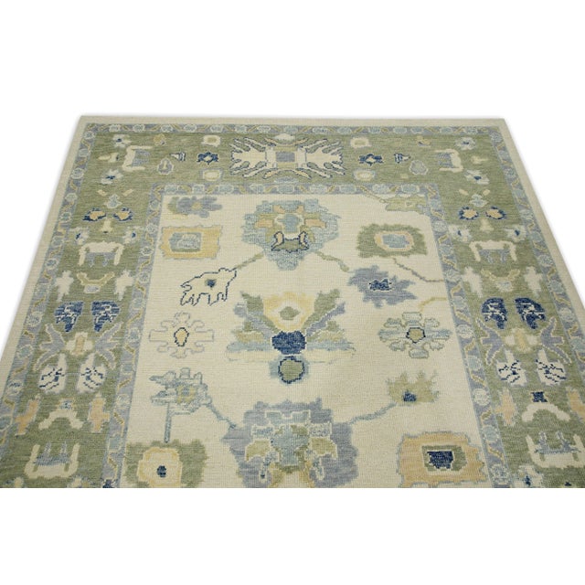 Early 21st Century Green & Blue Floral Design Handwoven Wool Turkish Oushak Rug 5'10" X 8'10" For Sale - Image 4 of 7