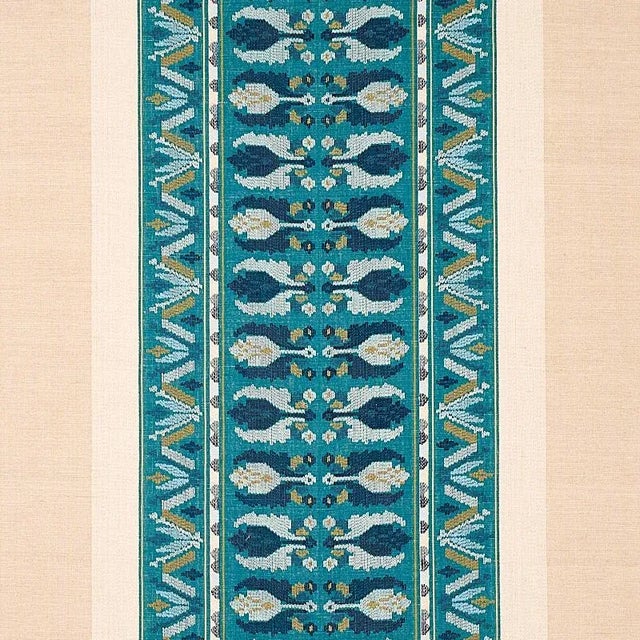 Schumacher Sandor Stripe Embroidery Fabric in Peacock For Sale