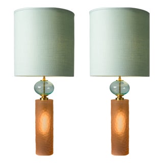 Salmon and Blue Globe Murano Glass Table Lamps, 1980s, Set of 2 For Sale