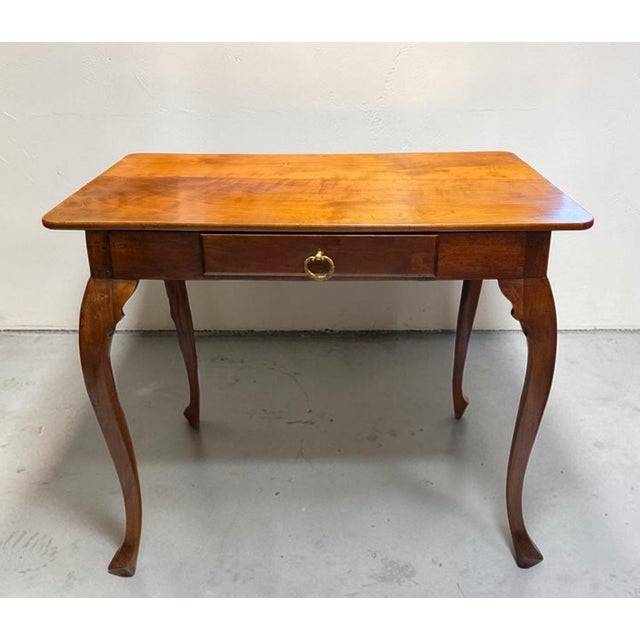 Wood Antique Provincial Queen Anne Cabriole-Leg Writing Table in Warm Patinated Wood With Brass Ring Pull, Circa 1780–1830 For Sale - Image 7 of 17