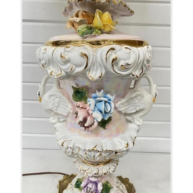 Vintage Italian Capodimonte Lamp Base - Rococo Porcelain With Swans & Roses For Sale - Image 11 of 12