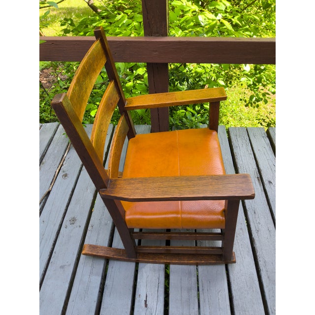 American Antique Child's Solid Oak Mission Leather Rocking Chair For Sale - Image 3 of 7