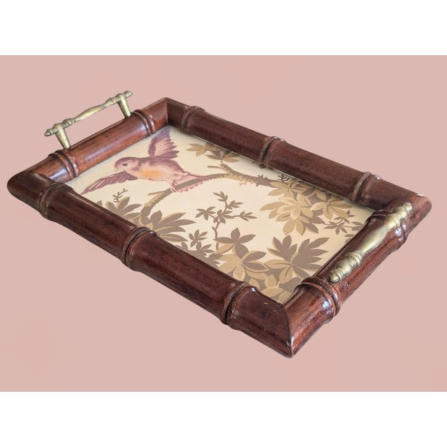 Vintage Faux Bamboo Glass Tray With Schumacher Fabric Insert For Sale - Image 10 of 14