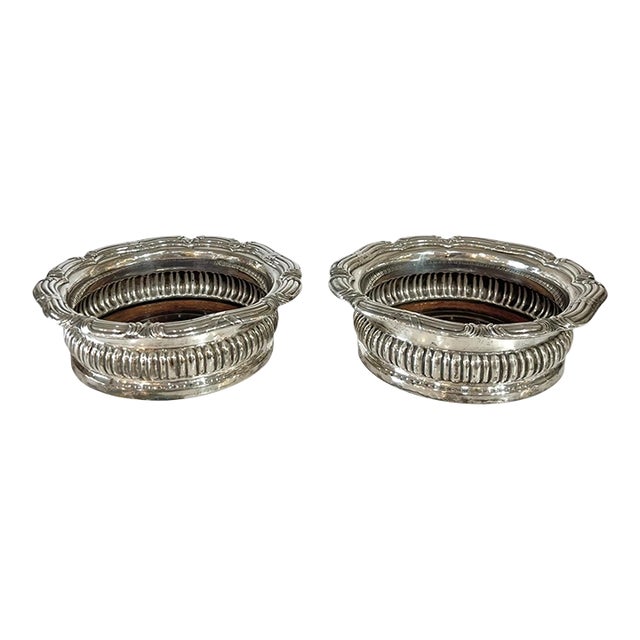 Early 20th Century Pair Antique English Silver Plate and Wood Wine Bottle Coasters For Sale