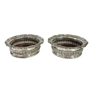 Early 20th Century Pair Antique English Silver Plate and Wood Wine Bottle Coasters