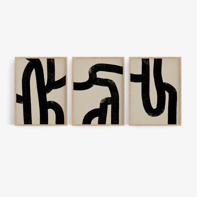Set of 3 abstract 16"x20" size open edition giclee prints. Elegant geometric black lines composition on beige background....