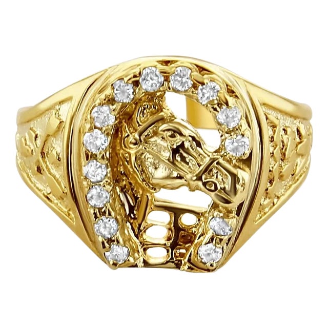 Diamond Horseshoe with Horsehead .33cttw 14k Yellow Gold, Size 9.5 For Sale
