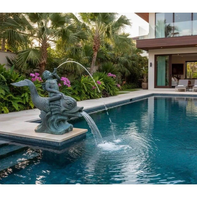Verdigris 1970s Large Classical Verdigris Bronze Cherub & Dolphin Fountain For Sale - Image 8 of 12