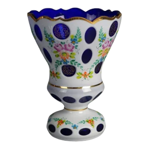Bohemian Hand Painted & Gilt Cobalt Cut to Clear Glass Footed Vase, Early 20th Century