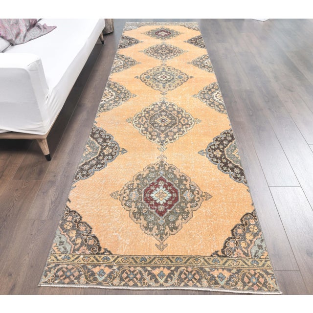 Turkish 3'4x12'7 Orange Vintage Geometric Turkish Hand-Knotted Runner Rug For Sale - Image 3 of 9