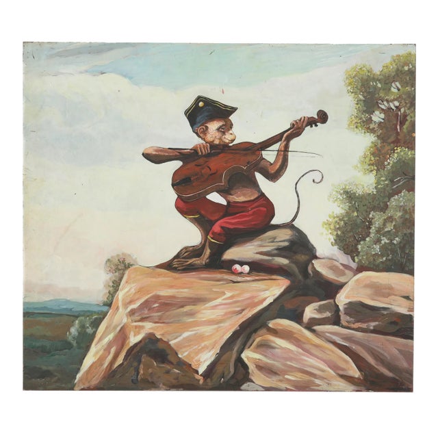 Vintage Hand-Painted Iron Painting – Monkey Playing Violin on Metal Panel For Sale