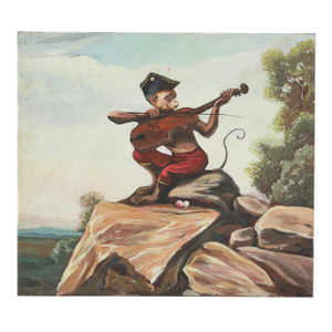 Vintage Hand-Painted Iron Painting – Monkey Playing Violin on Metal Panel