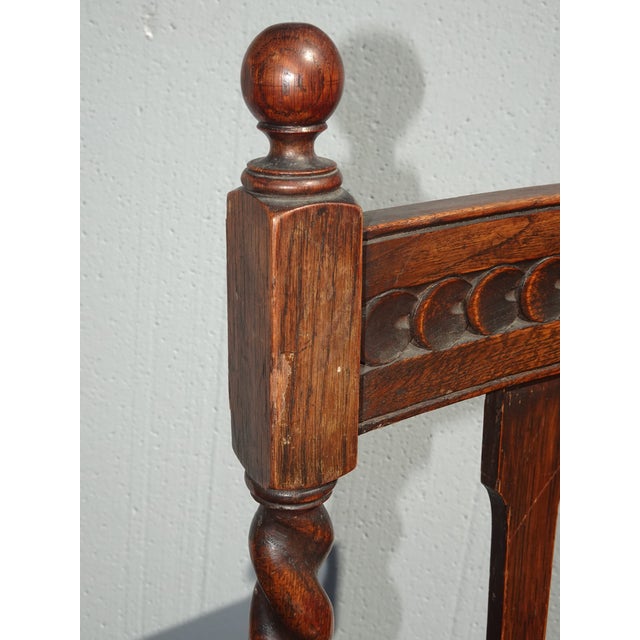 Wood Vintage French Country Brown Oak Barley Twist Arm Chair For Sale - Image 7 of 16