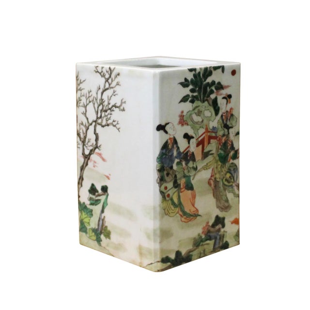 Chinoiserie Chinese Distressed Off White Porcelain People Scenery Square Pot Vase For Sale - Image 3 of 6