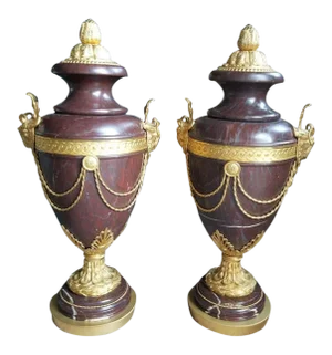 20th Century French Rouge Marble Bronze Ormolu Urns - a Pair