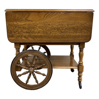 Vintage Oak Drop Leaf Bar Cart Tea Cart For Sale