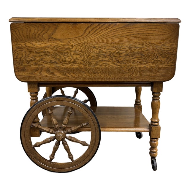 Vintage Oak Drop Leaf Bar Cart Tea Cart For Sale