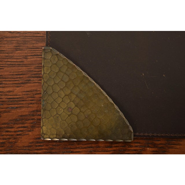 Metal Roycroft Arts & Crafts Brass Finished Hammered Copper Blotter Corners With Leather Desk Blotter For Sale - Image 7 of 13