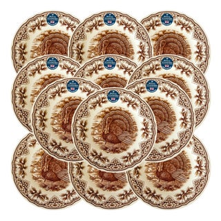 Royal Stafford English Brown Transferware Turkey Thanksgiving Salad Plates - Set of 12 For Sale